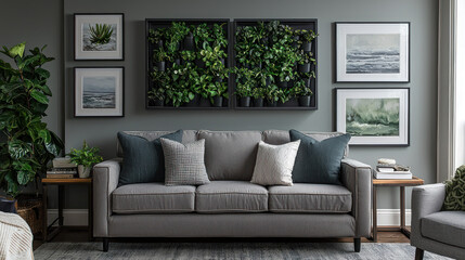 modern living room featuring gray sofa adorned with decorative pillows, surrounded by wall planters and framed artwork, creating serene atmosphere