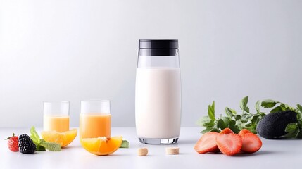 Creamy smoothie in glass bottle with fresh fruits and supplements.