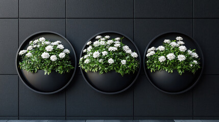 Large circular planters mounted on black wall, filled with vibrant white flowers, create striking contrast and enhance modern aesthetic of space