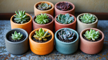 Miniature circular planters with various succulent plants in vibrant colors. Perfect for home decor or office display, these planters add touch of nature and style