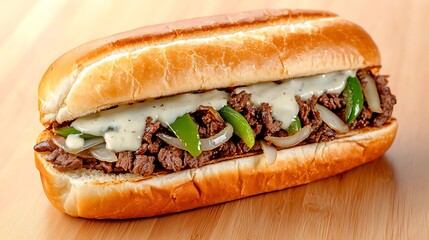 A Philly Cheesesteak sub is a warm sandwich filled with diced beef, sautéed onions, green peppers, and melted cheese served on a toasted hoagie roll.