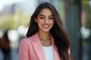 Young woman long dark hair bright smile pale pink blazer