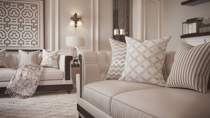 Fototapeta premium Elegant living room featuring a neutral color palette, plush sofas, and decorative pillows with geometric patterns.
