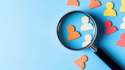 A magnifying glass focusing on colorful human figures, representing the concept of community and social networks.