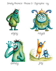 Fototapeta premium Smelly Phonics - Phase 5 - Digraphs - oy - enjoy, royal, annoy, joy