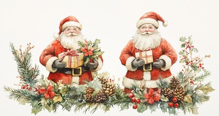 Fototapeta premium Charming vintage Santa Claus figures holding gifts surrounded by festive foliage in a nostalgic Christmas scene