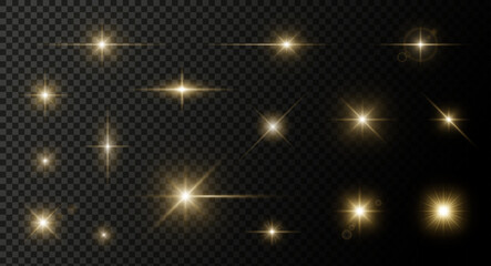 Obraz premium Vector light effects set. Set of yellow glowing light burst on transparent background. Transparent vector glowing light sunlight effect for web design