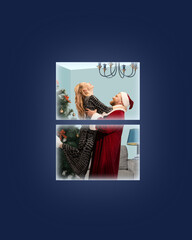 Contemporary art collage. Man dressed as Santa Claus lifts woman in joy, with Christmas tree in background, framed by window. Concept of family-time, winter holidays, Christmas Eve. Ad