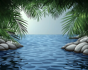Obraz premium Serene ocean view framed by lush palm leaves and smooth rocks.
