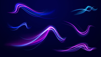 Laser beams luminous abstract sparkling isolated on a transparent background.  Abstract background in blue and purple neon glow colors. Png, lens, light, neon, line, blur, beam, ray.