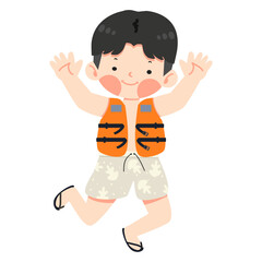 boy in a life jacket jumping and waving