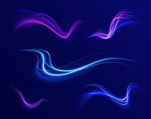 Abstract background in blue and purple neon glow colors. Png, lens, light, neon, line, blur, beam, ray. Laser beams luminous abstract sparkling isolated on a transparent background.  