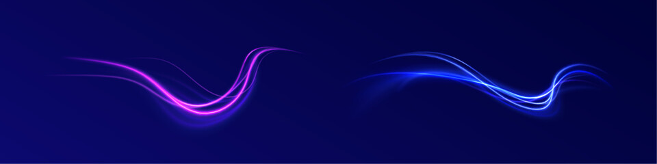 Light trail wave, fire path trace line, car lights, optic fiber and incandescence curve twirl. Big data traffic visualization, dynamic high speed, png, effect. Vector glowing lines air flow effect. 