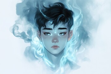 Fototapeta premium 青い炎に包まれた少年の幻想的な表現