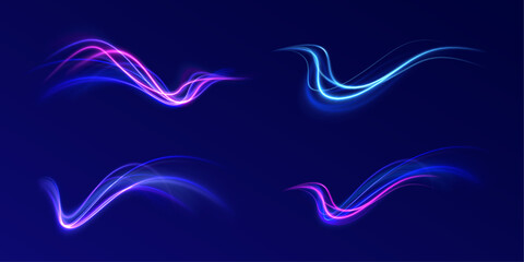 Abstract neon light motorway background. Light arc in neon colors, in the form of a turn. Magic bright shine glow of energy lines, shiny swirl power waves flow, electric trail glowing in dark backgrou