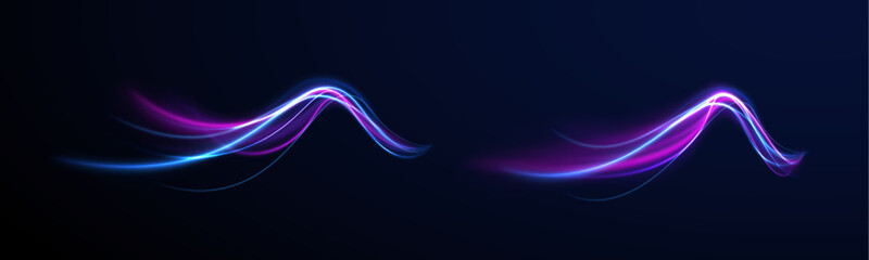 Light arc in neon colors, in the form of a turn. Magic bright shine glow of energy lines, shiny swirl power waves flow, electric trail glowing in dark backgrou. Abstract neon light motorway background