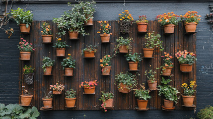 Fototapeta premium Vertical garden with wall planters and vibrant climbing plants, showcasing variety of flowers and greenery in terracotta pots, creating lively and colorful outdoor space