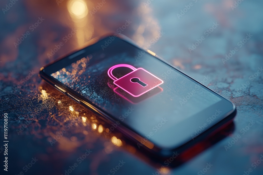Poster a smartphone displaying a glowing padlock symbol on its screen, representing digital security and pr