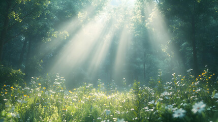 Obraz premium Sunbeams illuminate a misty forest meadow with wildflowers.