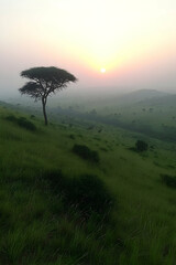 Sunrise over grassy savanna with acacia tree.
