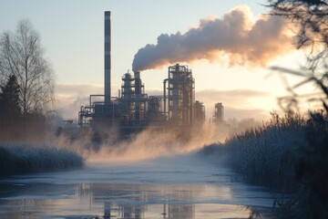 Fototapeta premium Ecosystems struggle near industrial sites, with heavy metals contaminating the surroundings at sunrise