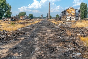 Abandoned industrial site with decaying buildings and barren land shows heavy metal contamination in ecosystems