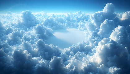 Aerial view of fluffy white clouds with a clear blue sky and a hole in the middle.