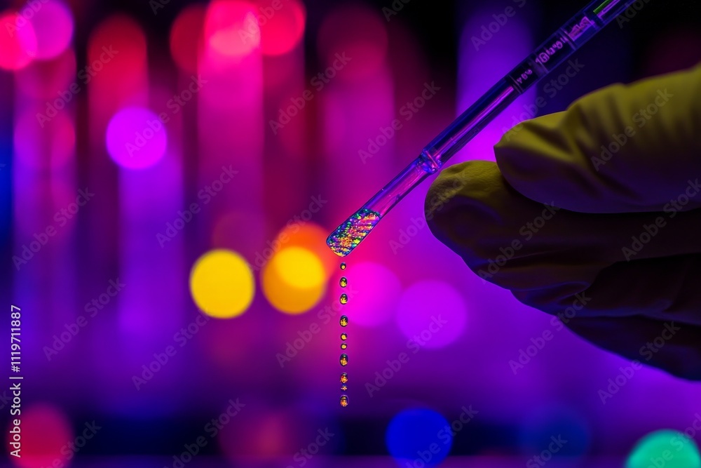 Poster close-up of lab pipette with colorful droplets against a vivid purple background creating a stunning
