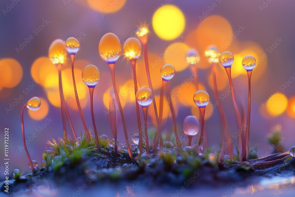 Poster delicate mushrooms with glistening drops under soft bokeh lights in a mystical forest setting at daw