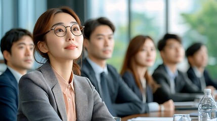 In a sleek and modern office setting, a diverse group of employees, both male and female