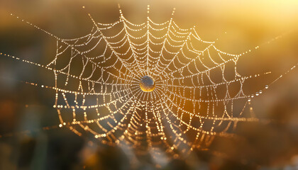 Naklejka premium Dew-covered spiderweb at sunrise, reflecting light.