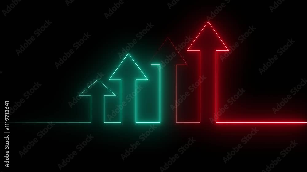 Poster neon line arrow icon animation. neon up arrow concept and business graph icon.neon glowing financial