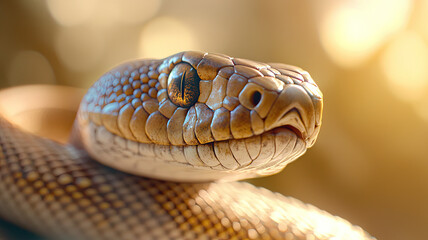 Obraz premium Closeup of venomous snake with golden scales in sunlight