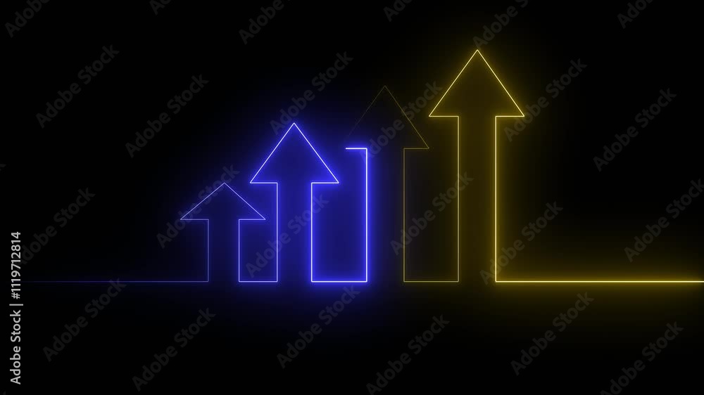 Poster neon line arrow icon animation. neon up arrow concept and business graph icon.neon glowing financial