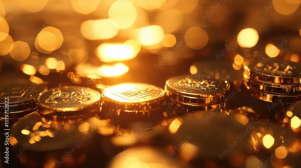 Aufkleber shimmering coins reflecting golden light in a luxurious setting macro photography abstract vibes