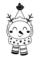 Black and white snowman face clipart. Snowman doodle. Cute winter character. Hand draw vector illustration in flat style	
