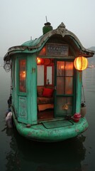 Obraz premium A charming floating fishing hut rests peacefully in the center of a serene lake during twilight