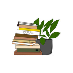 A stack of books and plant. A cozy stack of knowledge and growth. Vector illustration.
