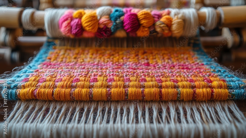 Poster vibrant textiles on a loom showcasing intricate weaving techniques with colorful yarn patterns and a