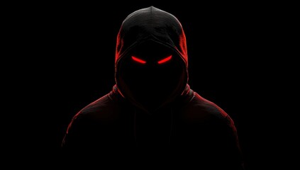 暗闇の中で赤い目を持つフードをかぶった影
