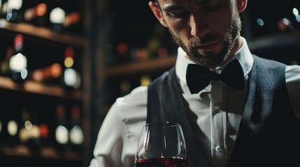 Obraz premium In a sophisticated wine cellar, a sommelier inspects a glass of deep red wine, revealing his expertise and dedication to the art of wine selection. Soft lighting accentuates the ambiance