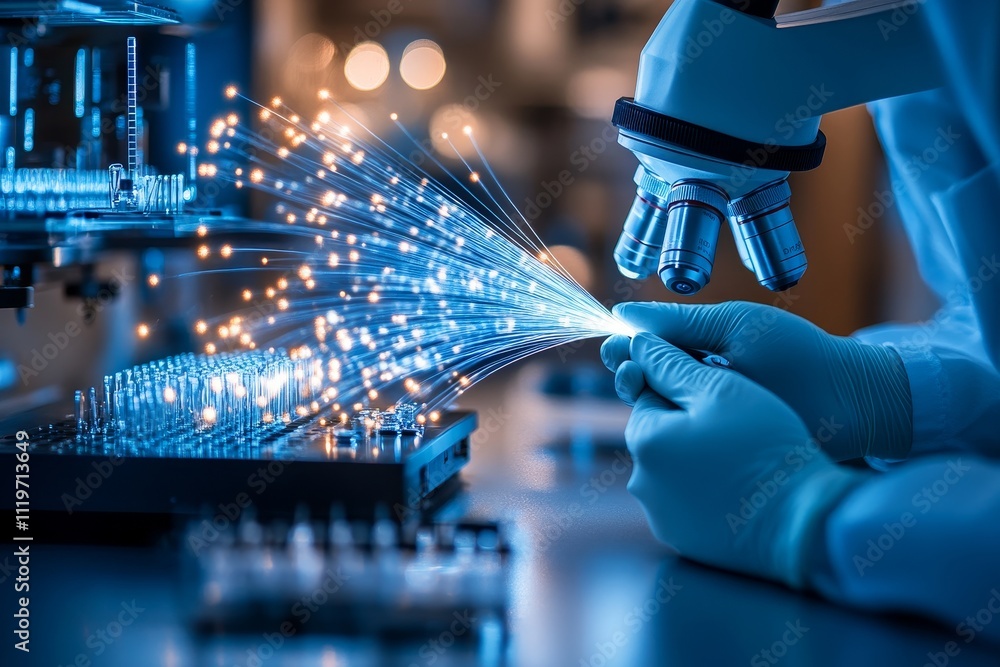 Poster close-up of a scientist examining optical fibers under a microscope in a laboratory setting, showcas