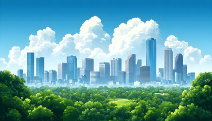 Obraz premium Lush green park with cityscape skyline under a bright sunny sky.