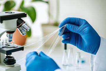 Laboratory Research on Tiny Fibers Using Microscope and gloves, Scientific Investigation of Materials and Textile Analysis in a Modern Research Setting