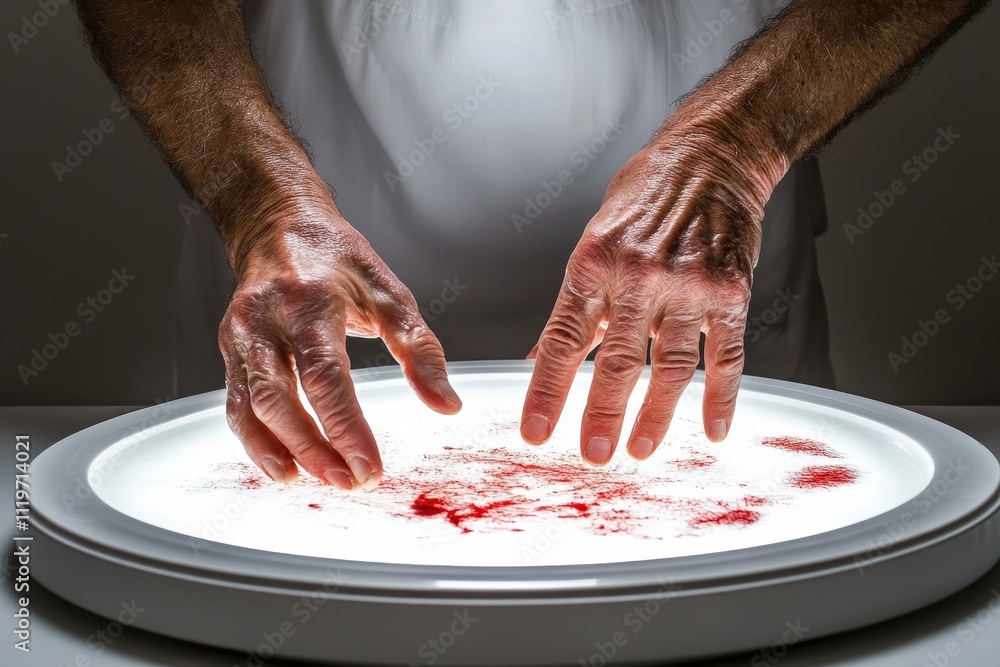 Poster hands engaging with a light surface, creating a unique abstract design with vivid red spatter, empha