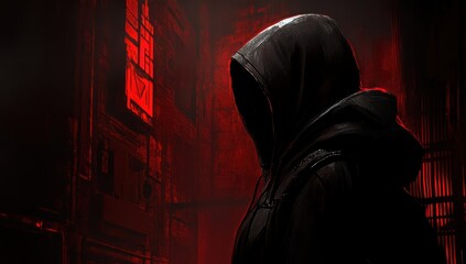 神秘的な影が赤い光の中で立っている都市の風景