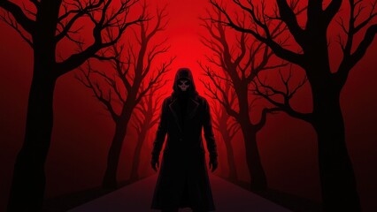 Collection of dramatic crime scene visuals with blood splatters, silhouettes, and eerie red tones for thriller or horror themes