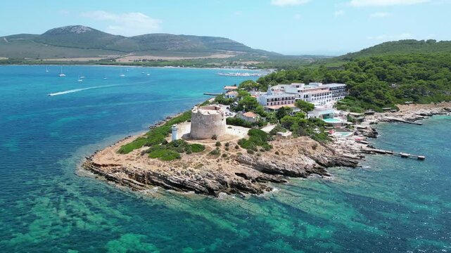 Torre Nuova di Porto Conte Lighthouse Tower close to Alghero in Sardinia, Italy.