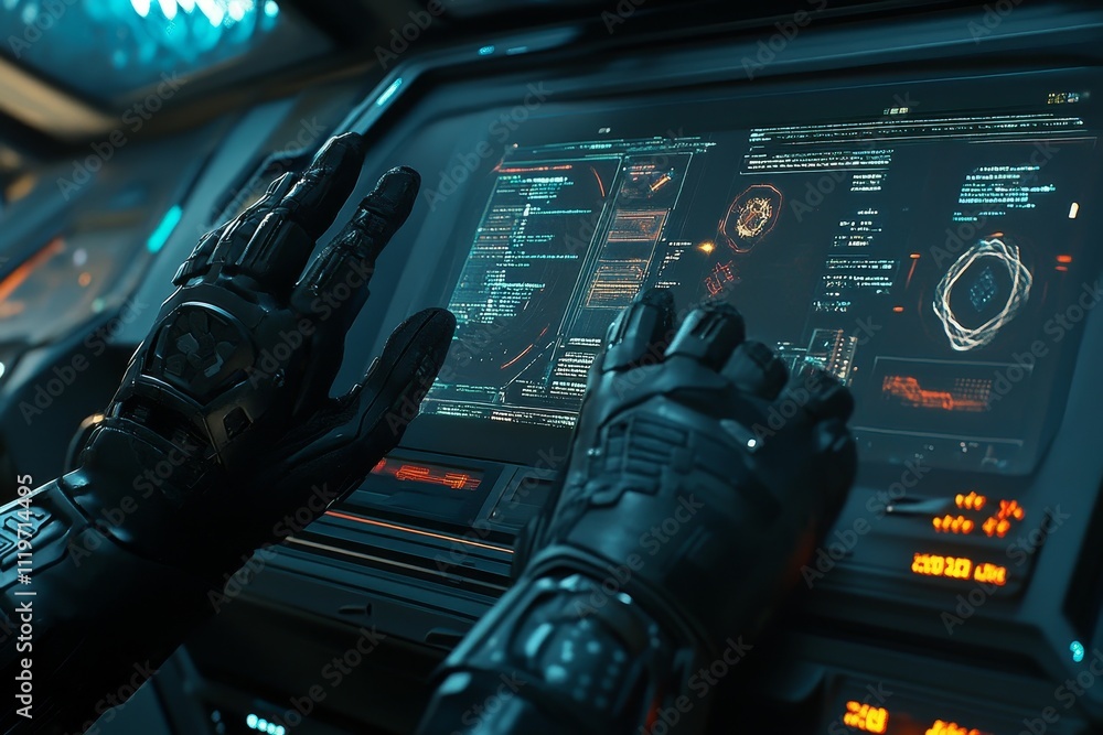 Poster futuristic interface control with advanced technology and glowing graphics in a science fiction sett