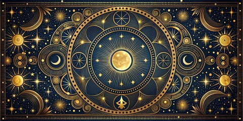 Surreal Celestial Tarot Card Cover with Geometric Frame, Moon Phases, and Mystic Symbols for Spiritual and Astrology Themes